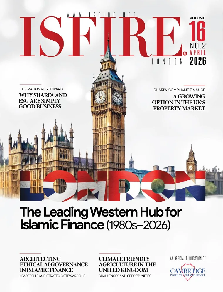 ISFIRE magazine April 2026 cover, featuring London and Architecting Ethical AI Governance in Islamic Finance
